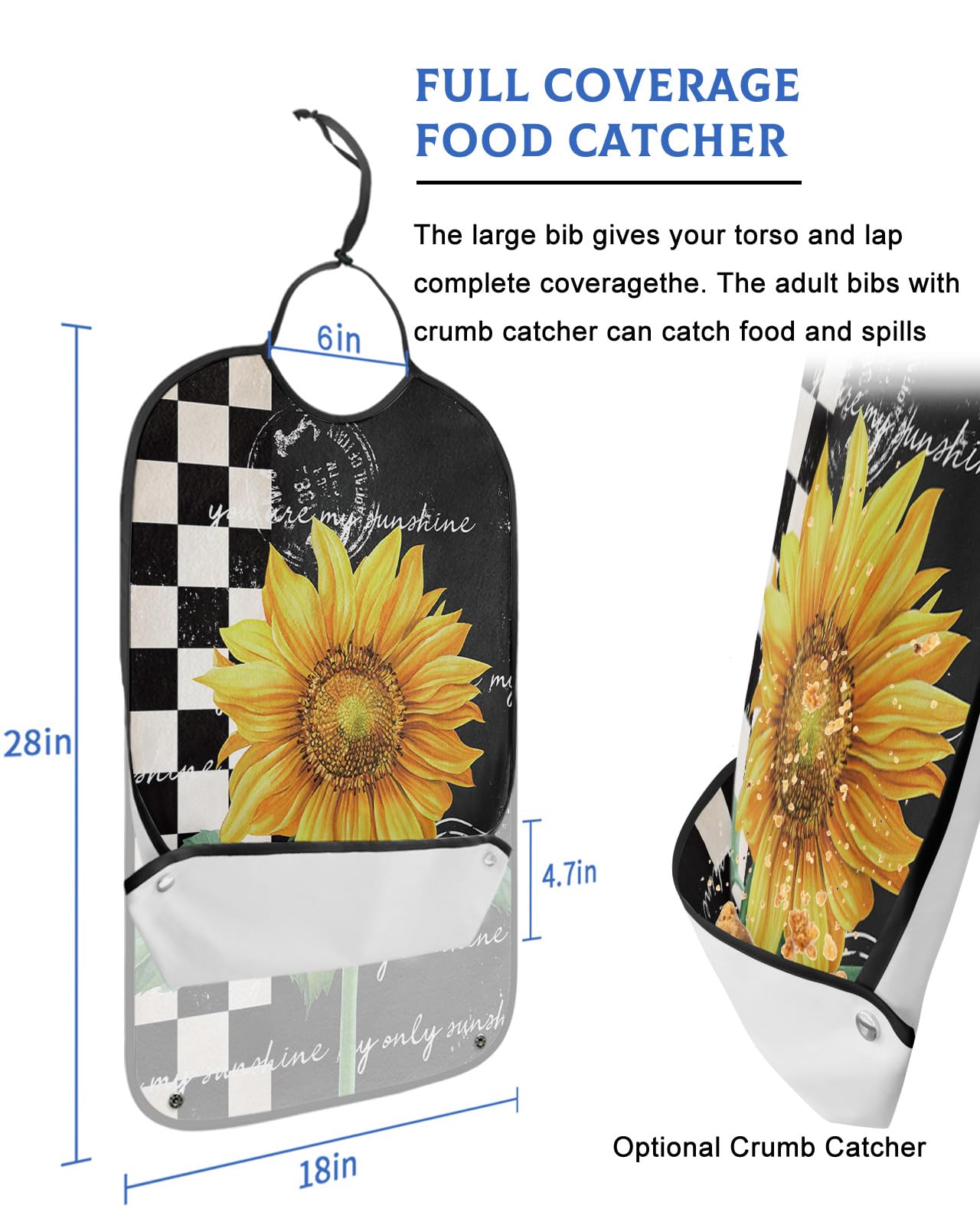 Summer Sunflower Adult Bibs for Eating, Waterproof Bibs with Food Catcher & Adjustable Snap Closure, Rustic Spring Floral Black White Plaid Clothing Protectors Adult Bibs for Elderly Women/Men