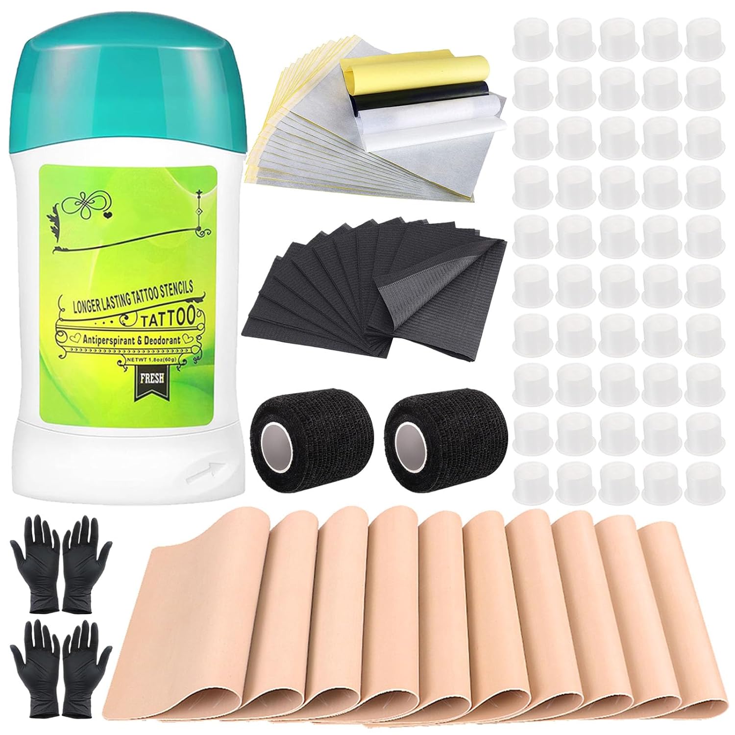 157Pcs Tattoo Skin Practice Kit, Usiriy Tattoo Starter Kit, Tattoo Supplies | Tattoo Kit contains: Tattoo Skin, Transfer Paper, Tattoo Stencil Gel, Tattoo Ink Caps, Dental Bib, Tattoo Grip Tape, Gloves
