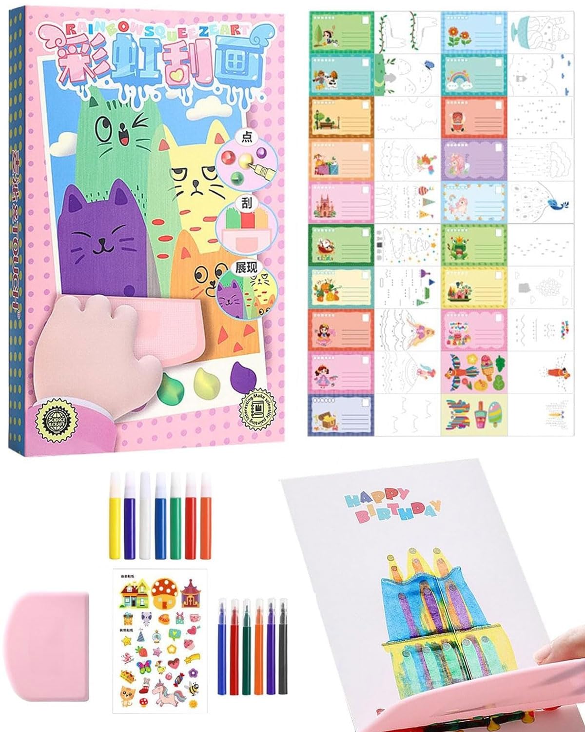 Regenbogen-Rubbelbilder Set – 35 Stück, Mit Aquarellpinselfarben, Für Kinder & Erwachsene