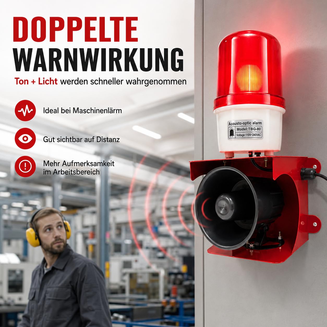 Valchoose Industrielle Alarmsirene 115 dB mit LED-Blitzlicht, IP65