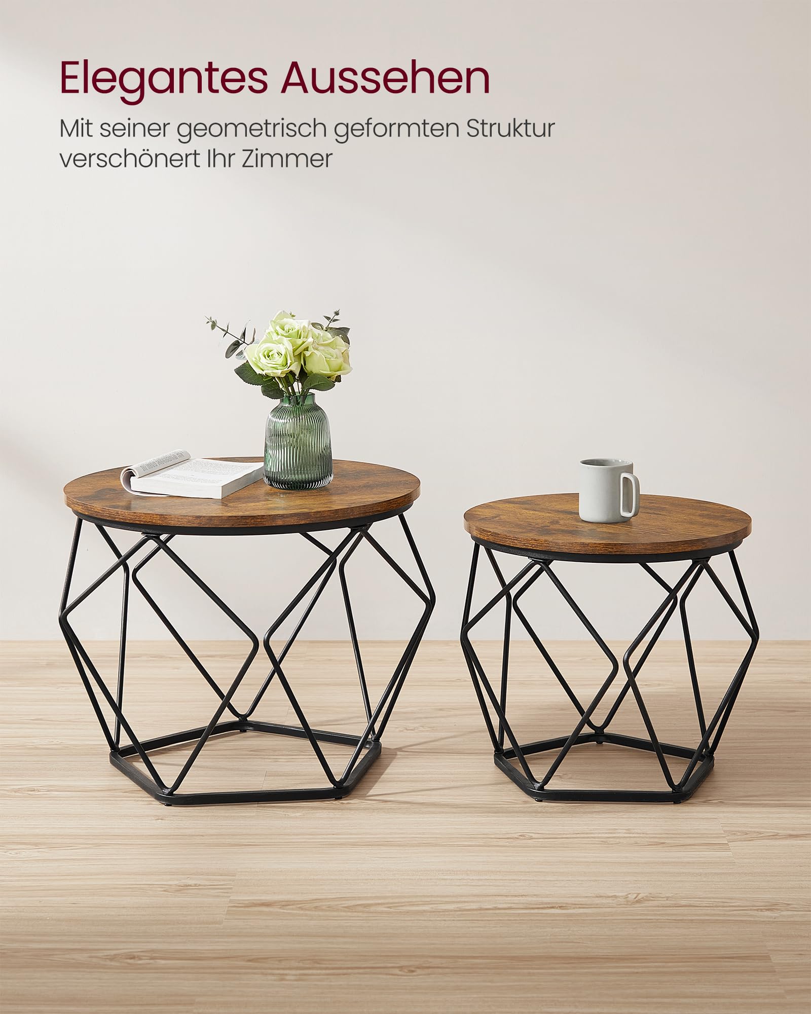 VASAGLE Couchtisch rund, 2er Set, Wohnzimmertisch, Beistelltisch, Vintage-Flair, abnehmbare Tischplatte, für Wohnzimmer, vintagebraun-tintenschwarz LET040B01