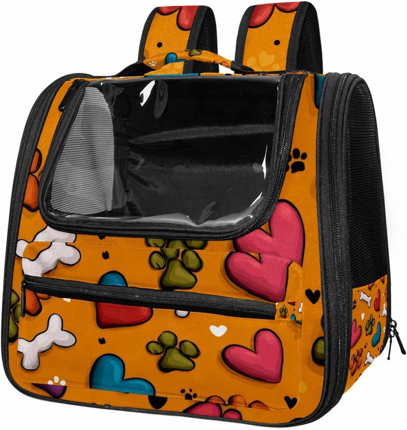 Cat Backpack Carrier for Small Dogs Cats, Soft-Sided Pet Carrier Backpack with Ventilated Mesh Windows and Safety Leash, Cute Colorful Paw Hearts and Bones