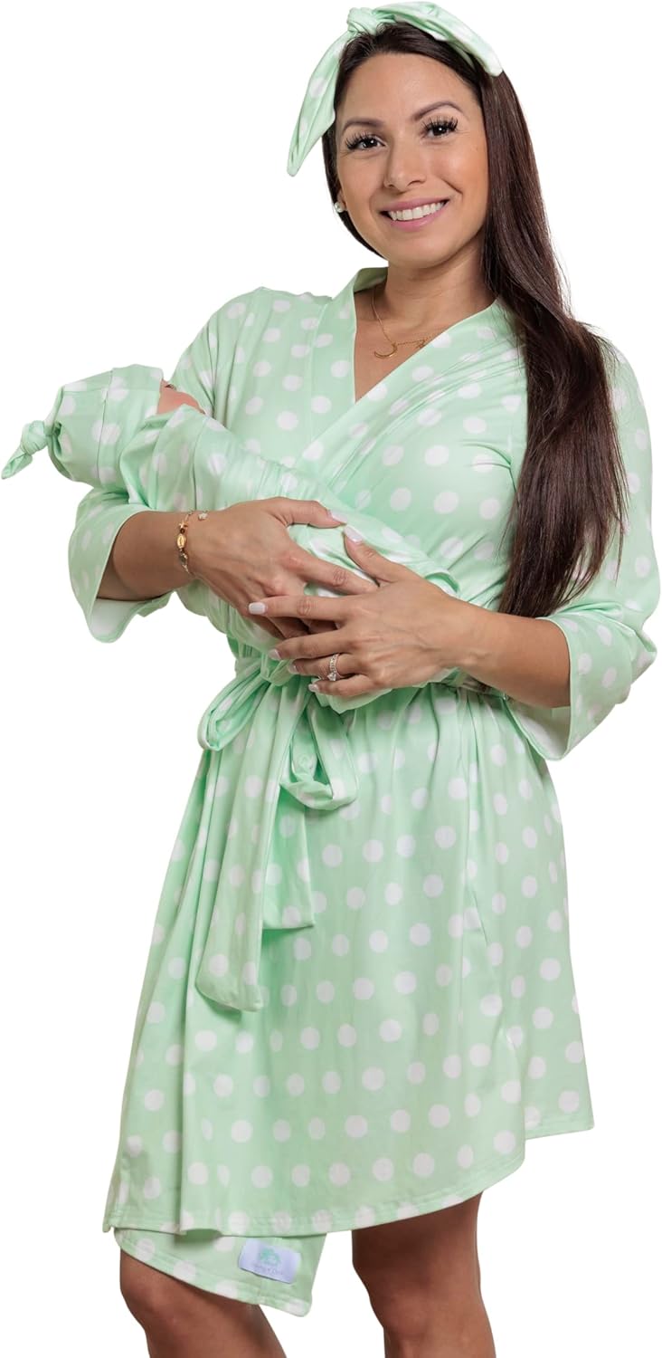 MOMMY O CLOCK Mommy Robe for Maternity and Baby Swaddle Blanket, Milk Silk Matching Delivery Robe and Swaddling Wrap for Mom and Baby (Mint Polka Dots, S/M (0-12)