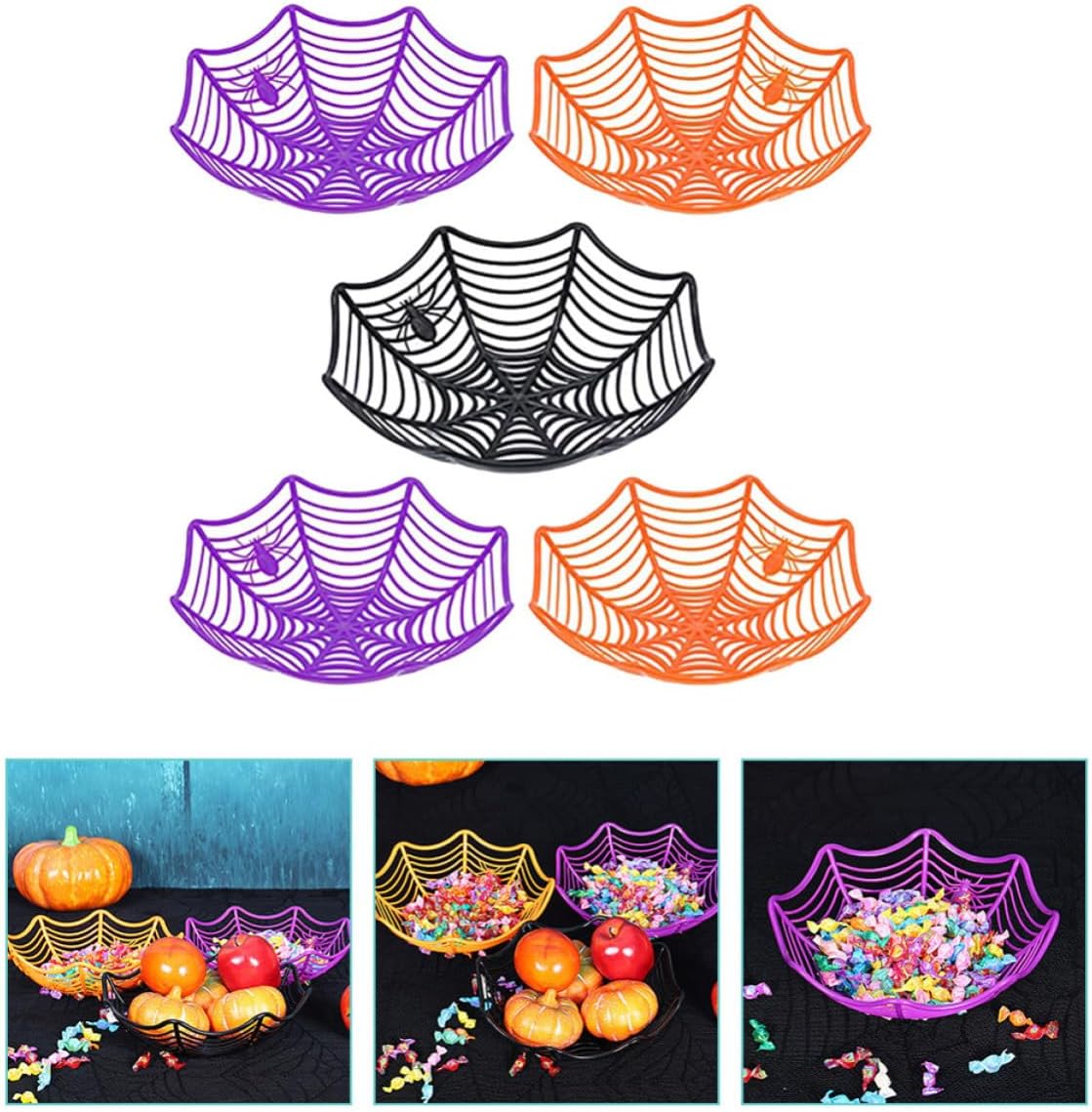 5pcs Halloween Cobweb Candy Basket Plastic Fruit Bowl Storage Decorative Candy Plate for Bedroom Wedding Party Halloween Accessory