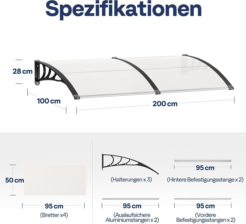 VIVOHOME 200x100cm Polikarbonát Ajtó Előtető Átlátszó Íves Esővédelem Napsugárzás Elleni Védelem