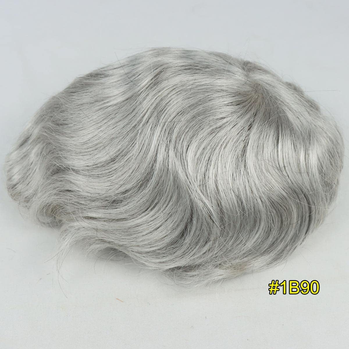HAPPY&CC Grey Hair Replacement System for Men Fine Mono with PU Perimeter Human Hair Toupee with 10% Black Human Hair Blend with 90% Synthetic Hair(10X8,1B/90)
