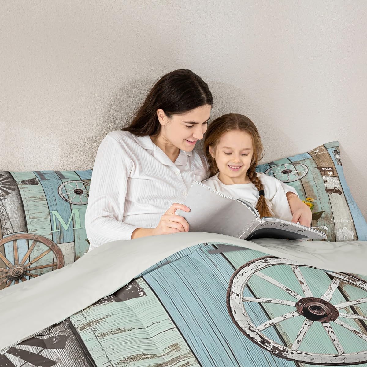 Rustic Farmhouse Cabin Bedding Set Retro Western Wooden Board Wheel Comforter Set King,Farm Animal Sunflower Comforter For Lodge,Pastoral Country Planks Quilt Duvet Teal Brown Home Room Decor 3 Pcs