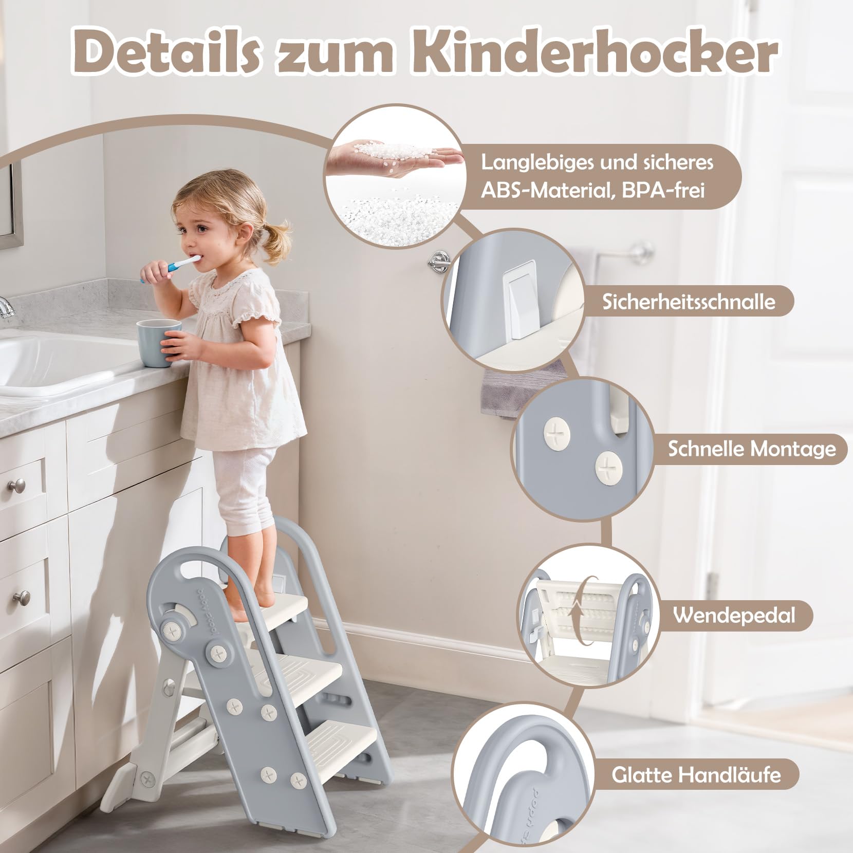 Tritthocker für Kinder Hocker Kinder Bad ab 1,5 bis 8 Jahren | 2 Stufen-3 Stufen Höhenverstellbar Kinder tritthocker | Klappbar | Sicherheit Handslauf | für Bad, Kleinkinderzimmer, Küche (Grauweiß)
