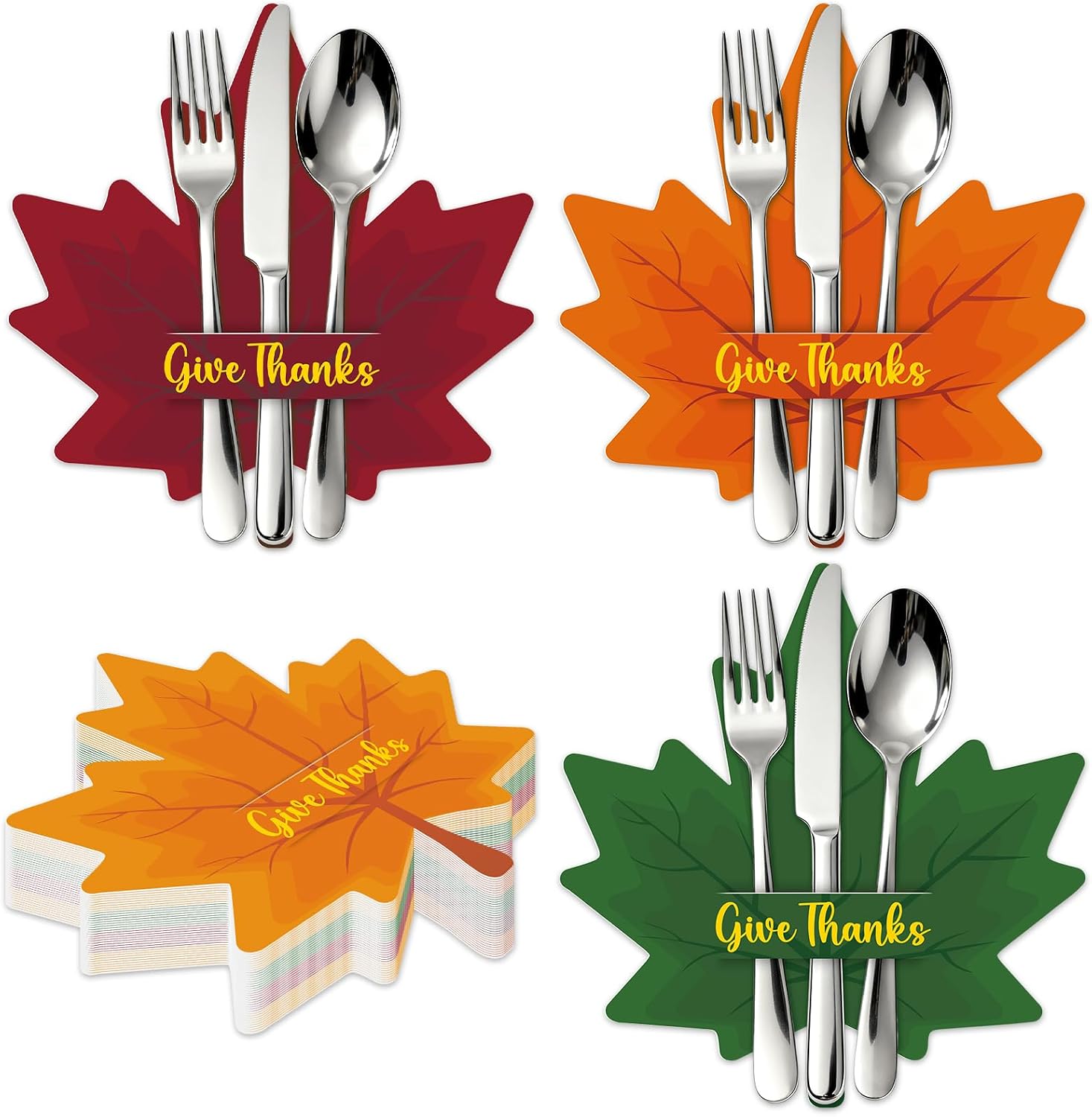 36 Pcs Thanksgiving Cutlery Holder Fall Maple Leaves Paper Silverware Utensil Holder Thanksgiving Dinner Table Decor Set for Autumn Harvest Party Supplies