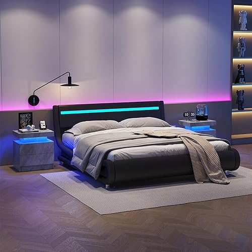 Miniatura 6 de Juego de 2 mesas auxiliares LED, moderna mesita de noche con 3 luces LED y 2 cajones, muebles LED para dormitorio, sala de estar y sala de juegos,