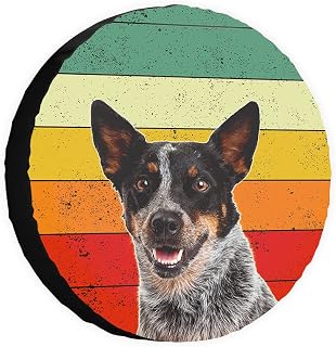 Rainbow Colored Stripe Spare Tire Cover with Dog Australian Cattle Wheel Protectors Covers Dust Proof 17 Inch Wheel Covers Universal for Trailer RV SUV Truck Camper Travel Trailers