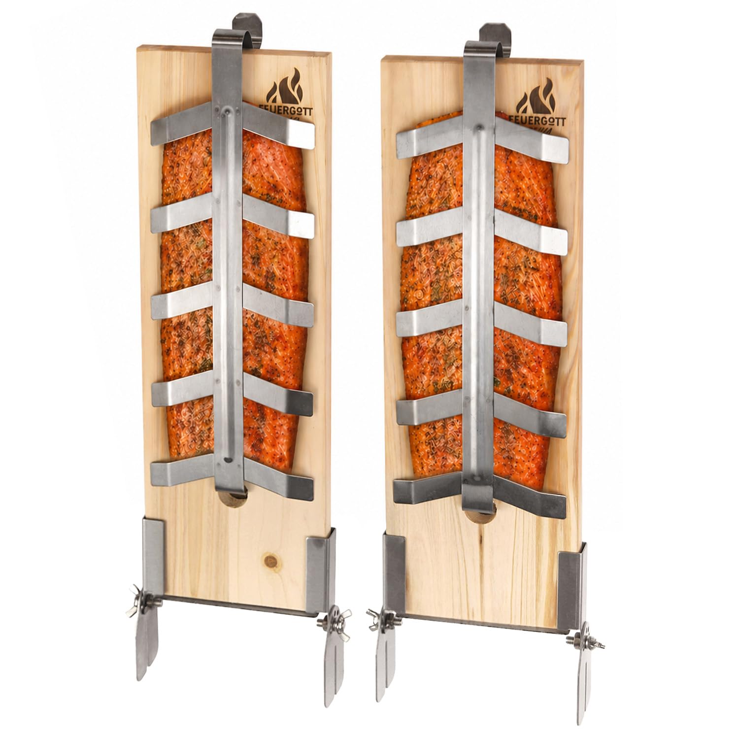 Flammlachsbrett Classic 2er-Set mit Edelstahl-Halterung zum Grillen und Räuchern von Lachs, Forellen - Zedernholz für Feuerschale, Grill, Lagerfeuer