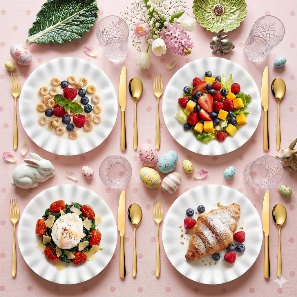 16PCS Unbreakable Dinner Plates Set of 4, Scalloped Edge Melamine Plates with Gold Silverware Set, Shatter-Proof Plastic Plates Reusable for Party, Picnic, Outdoor Dining Dishwasher Safe