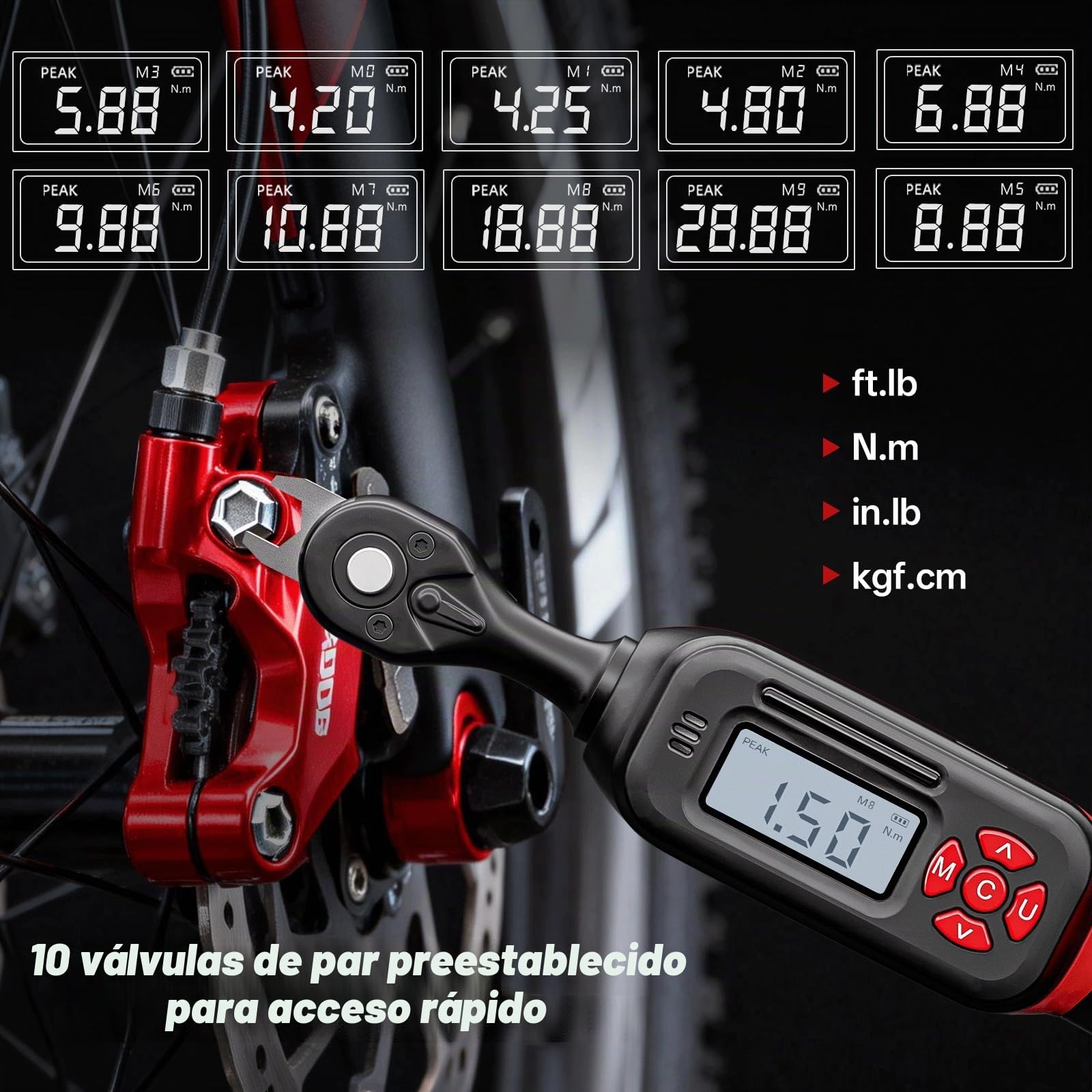 Llave Dinamométrica Digital 1/4", Juego de Llaves para Bicicleta 1.5-30 Nm, Acero S2, Precisión ±2%, Incluye Llaves de Freno 8/10mm, Extensión y Vasos para MTB/Carretera