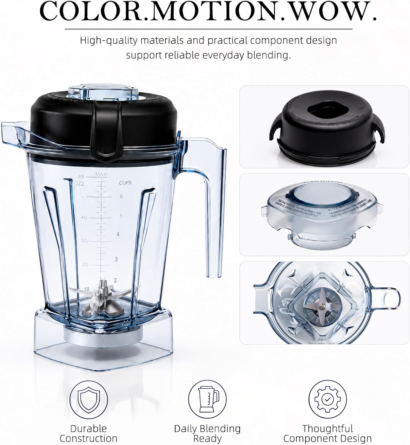 48oz Low Profile Blender Pitcher Compatible with Vitamix 5200 5300 750 7500 5000 6300 E310 E320, Replacement Container with Upgraded Stainless Steel Blades, Fits Classic & Explorian Series