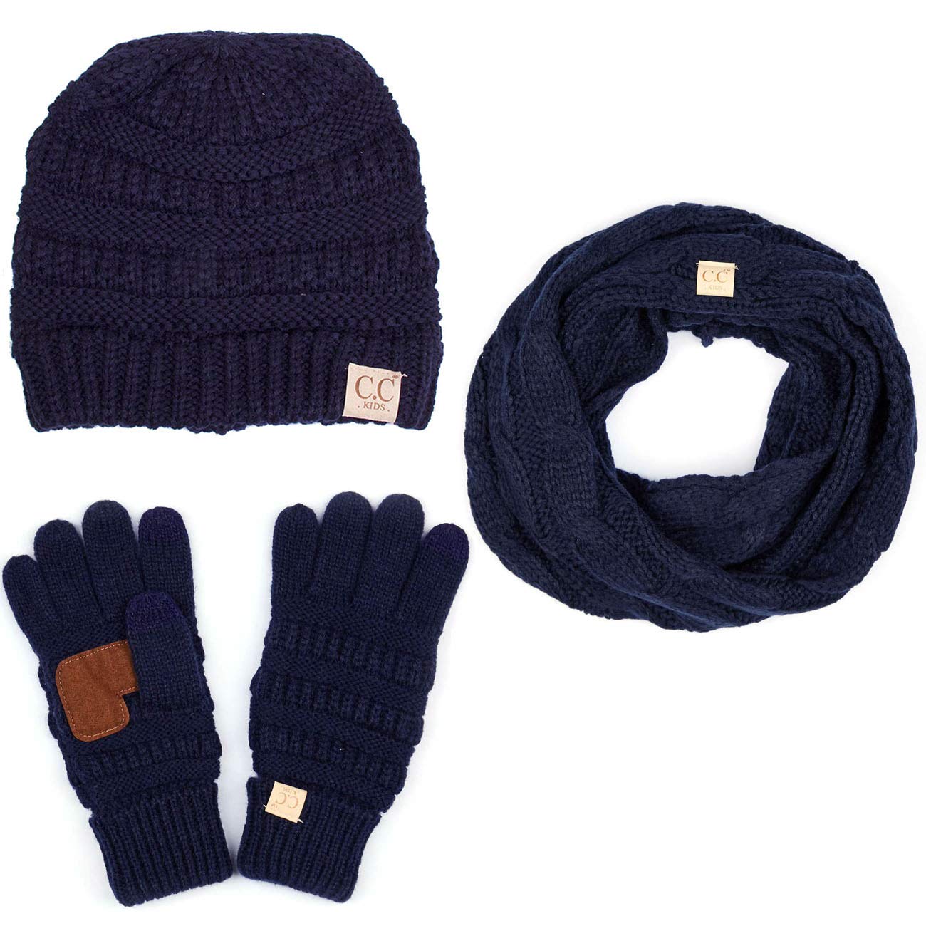 JINS CLOSET 3pc Set Children Kids Trendy Warm Soft Stretch Cable Knit Beanie, Scarves and Gloves Navy