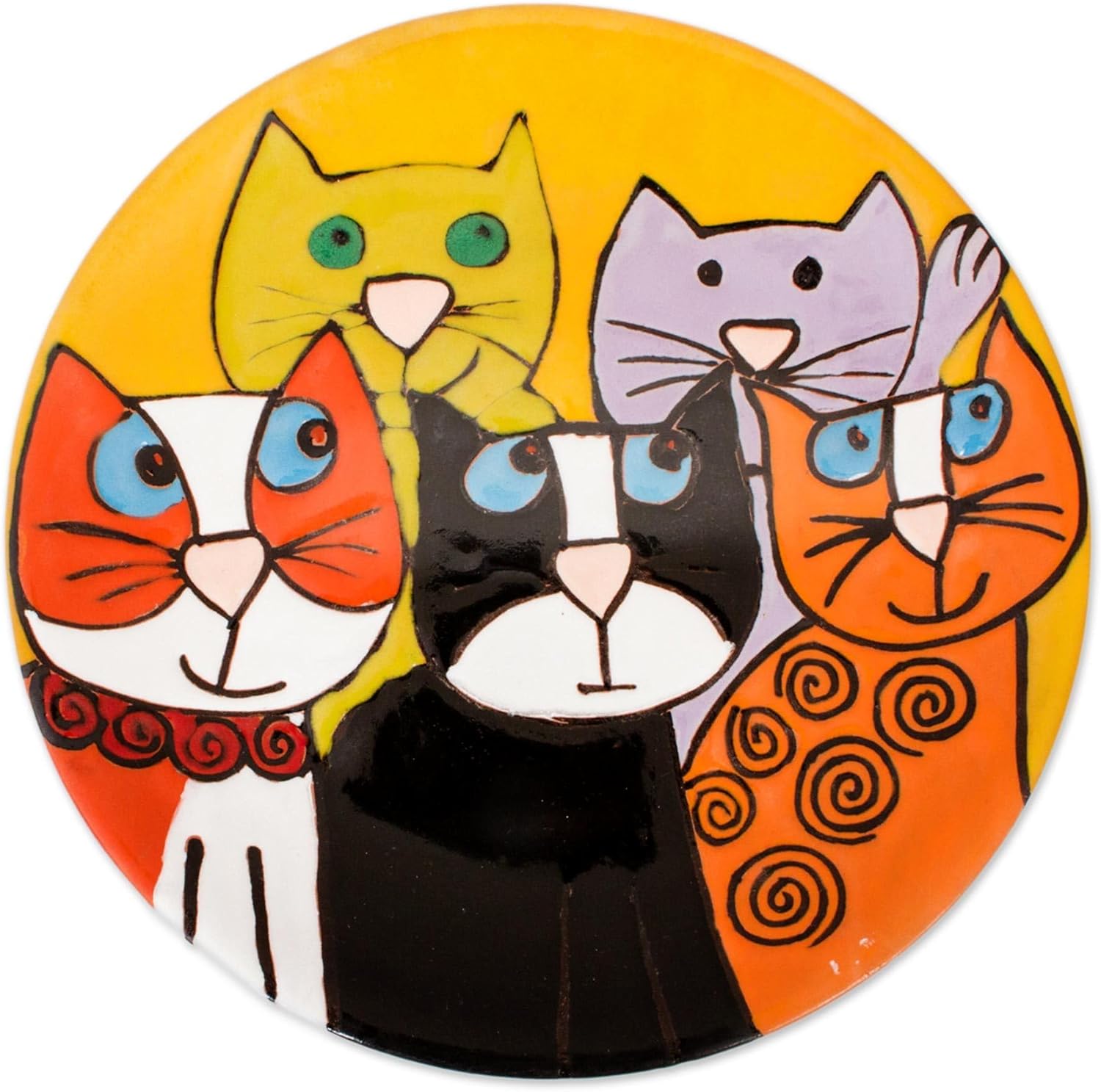 NOVICA Artisan Handcrafted Ceramic Decorative Plate Five Fanciful Cats Multicolor Orange Mexico Wall Art Painted [11.5in H x 11.5in W x 1.3in D] ' Cat Fancy'