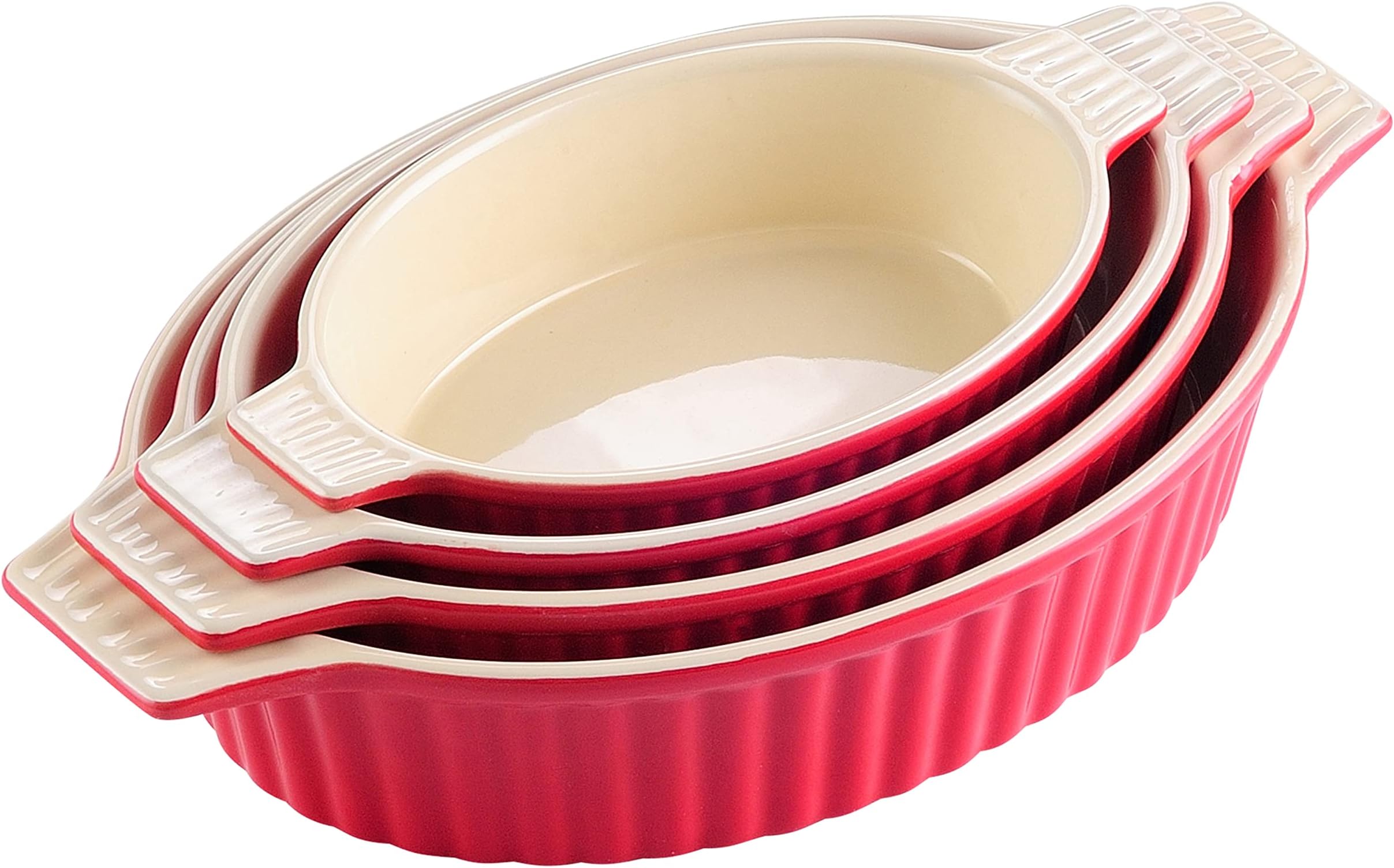 MALACASA, Series Bake, Oval Baking Dish Set of 4 (9.5"/11.25"/12.75"/14.5"), Oven to Table Baking Dish with Ceramic Handles Ideal for Lasagne/Pie/Casserole/Tapas, Red