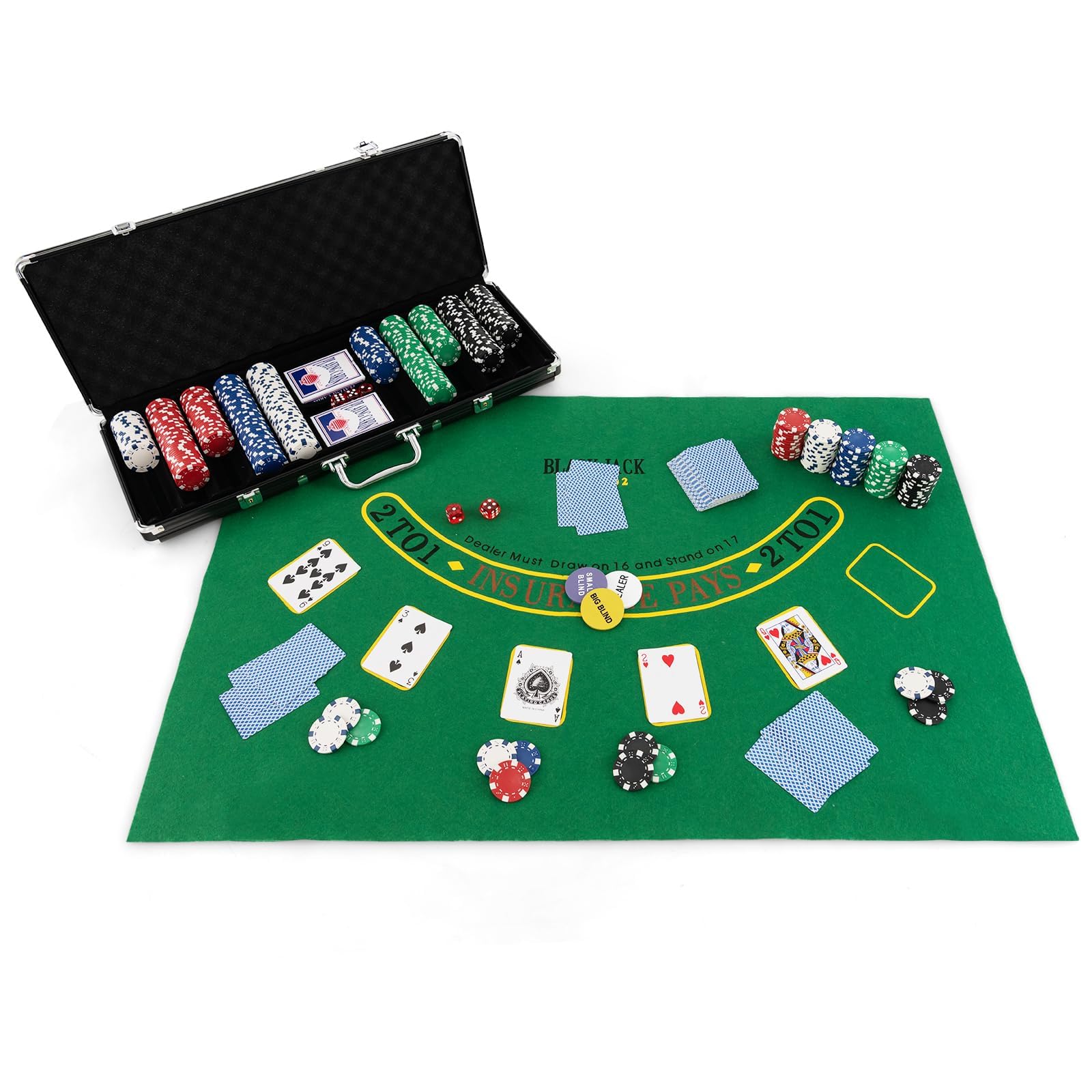 RELAX4LIFE Juego de póquer de 500/300 piezas con funda de aluminio rígido, incluye tarjetas, dados, tela de juego y botón de distribuidor, para noches de póquer, Blackjack (negro – Fichas de peso