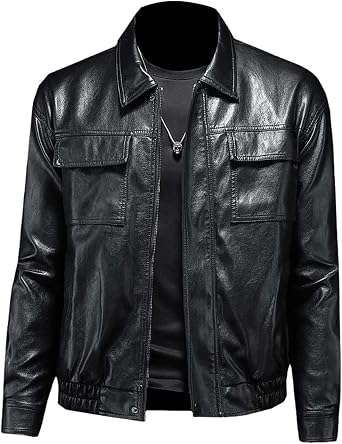 USTZFTBCL Autumn/Winter Multi-Pocket Leather Coat,Mens Tooling Style Motorcycle Jacket