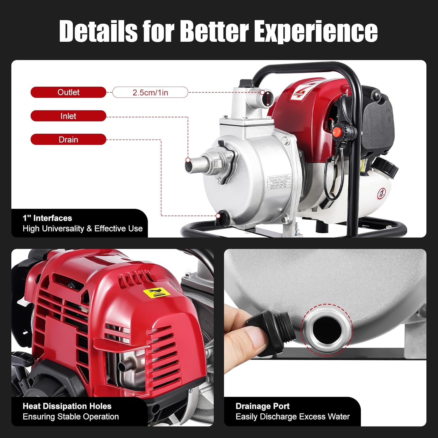 4-stroke 38cc 1.6hp Gas Engine Water Pump,Single-Cylinder 1inch Air-Cooled Gasoline Powered Trash Water Pump,Portable High Pressure for Irrigation Pool and Water Transfer,282.5ft³/h