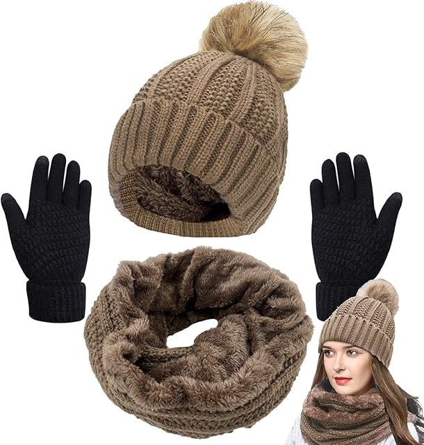 Joligiao 3 in 1 Hat Scarf and Gloves Sets Winter Warm Beanie Hat Scarf Set and Touchscreen Gloves for Women Thick Thermal Fleece Lined Knitted Pompom Beanie Cap and Long Loop Neck Warmer for Outdoor