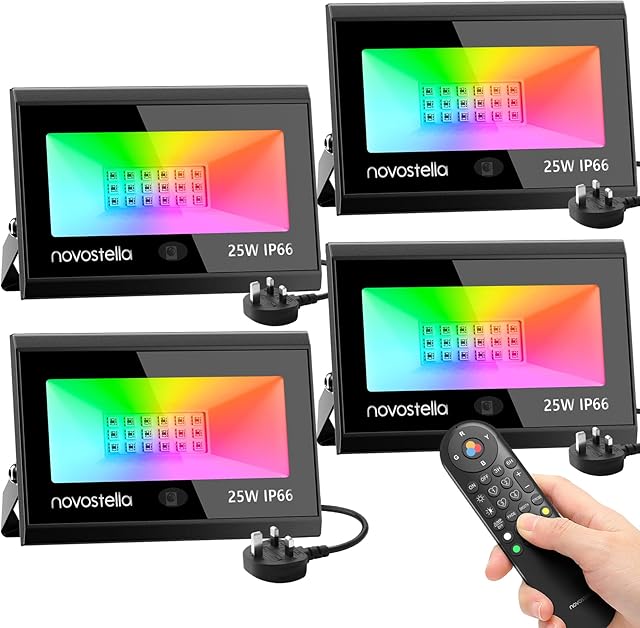 NOVOSTELLA 25W LED RGB Flood Lights with IR Remote, IP66 Waterproof Outdoor Stage Uplights, DIY Modes, Dimmable Color Changing Floodlight for Events Halloween Christmas Garden Landscape, 4 Pack