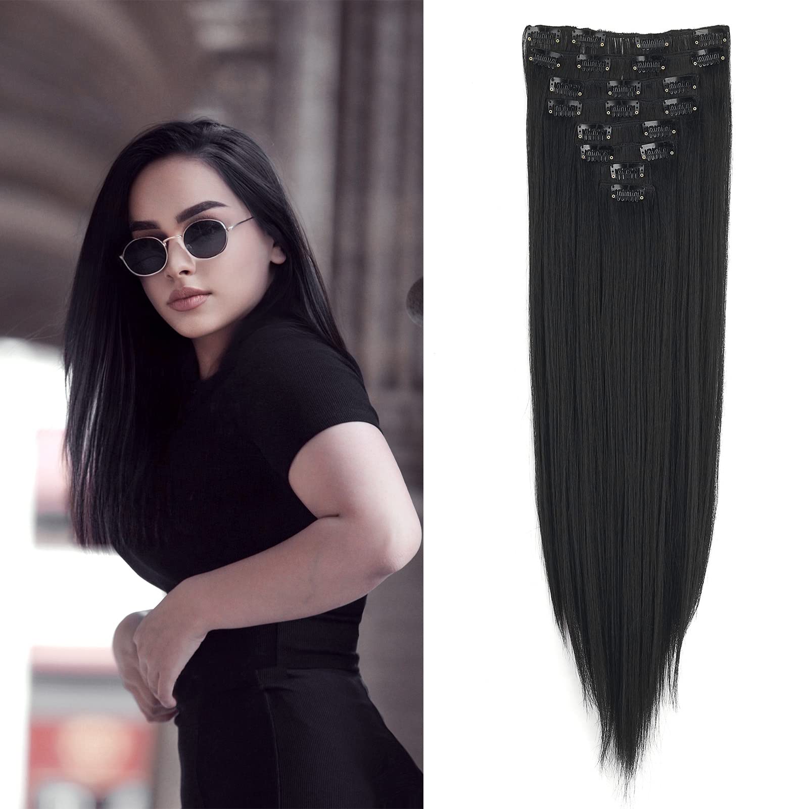 Gairyan Extensiones de Clip de Pelo Natural 8 Piezas 20 Clips Cabello Extensiones con Clips Sintético Extensión De Cabello Más Suave Aspecto Real Directo 24" - Negro