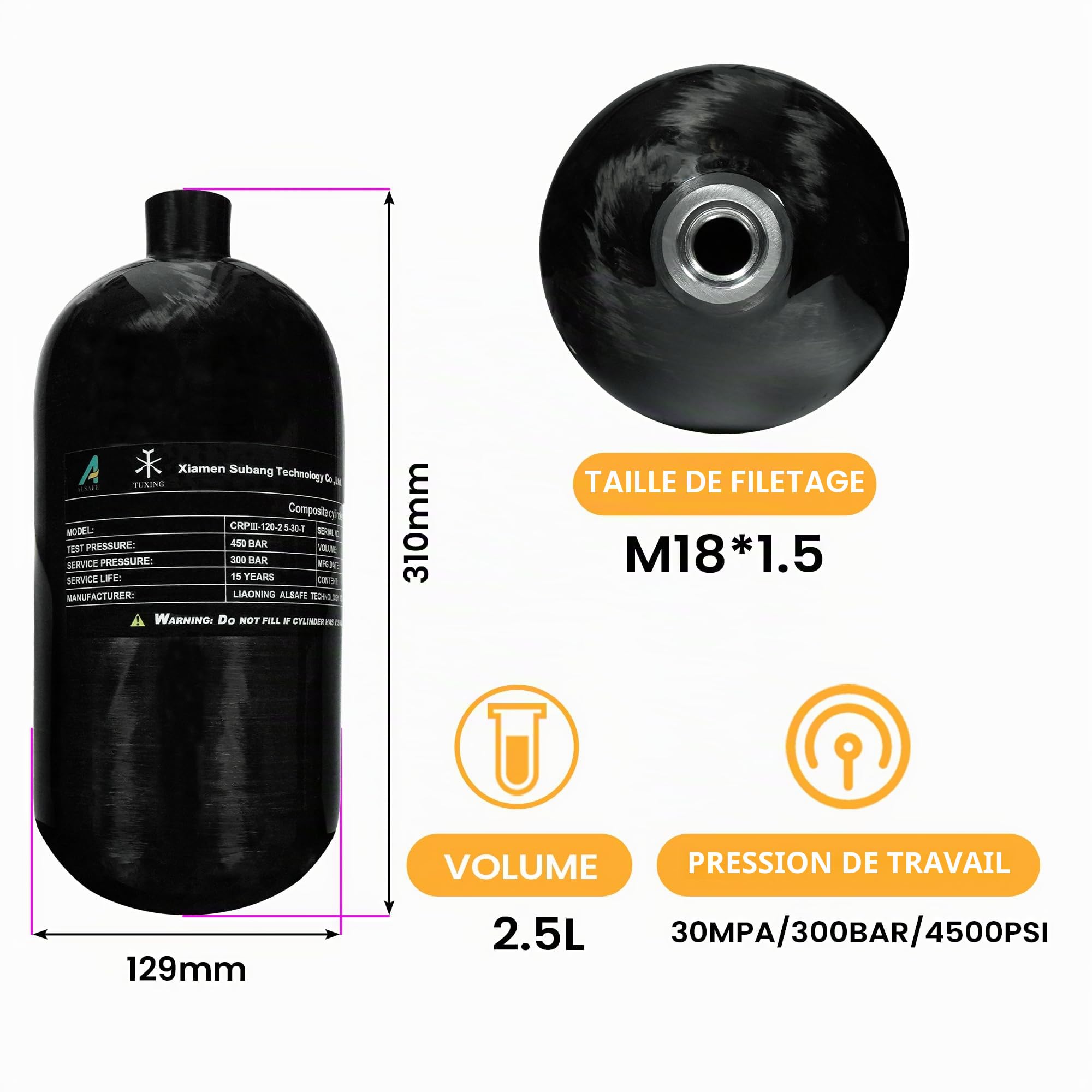 TUXING 4500Psi Réservoir d'air HPA Paintball en fibre de carbone, 2,5 L en fibre de carbone avec régulateur de valve pour réservoir de plongée de fusil à air comprimé PCP (bouteille vide) M18 x 1,5