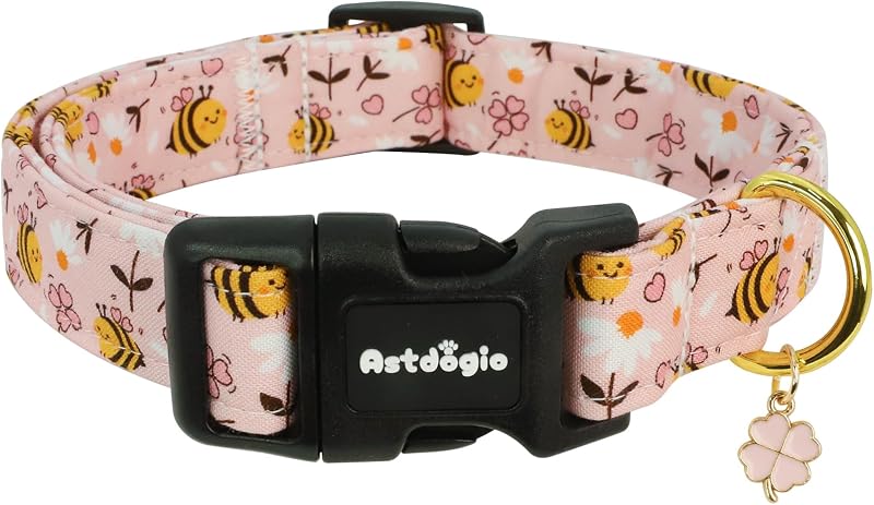 Coleira para Cães de Algodão Ajustável com Abelhas e Flores Rosa Astdogio (XS)