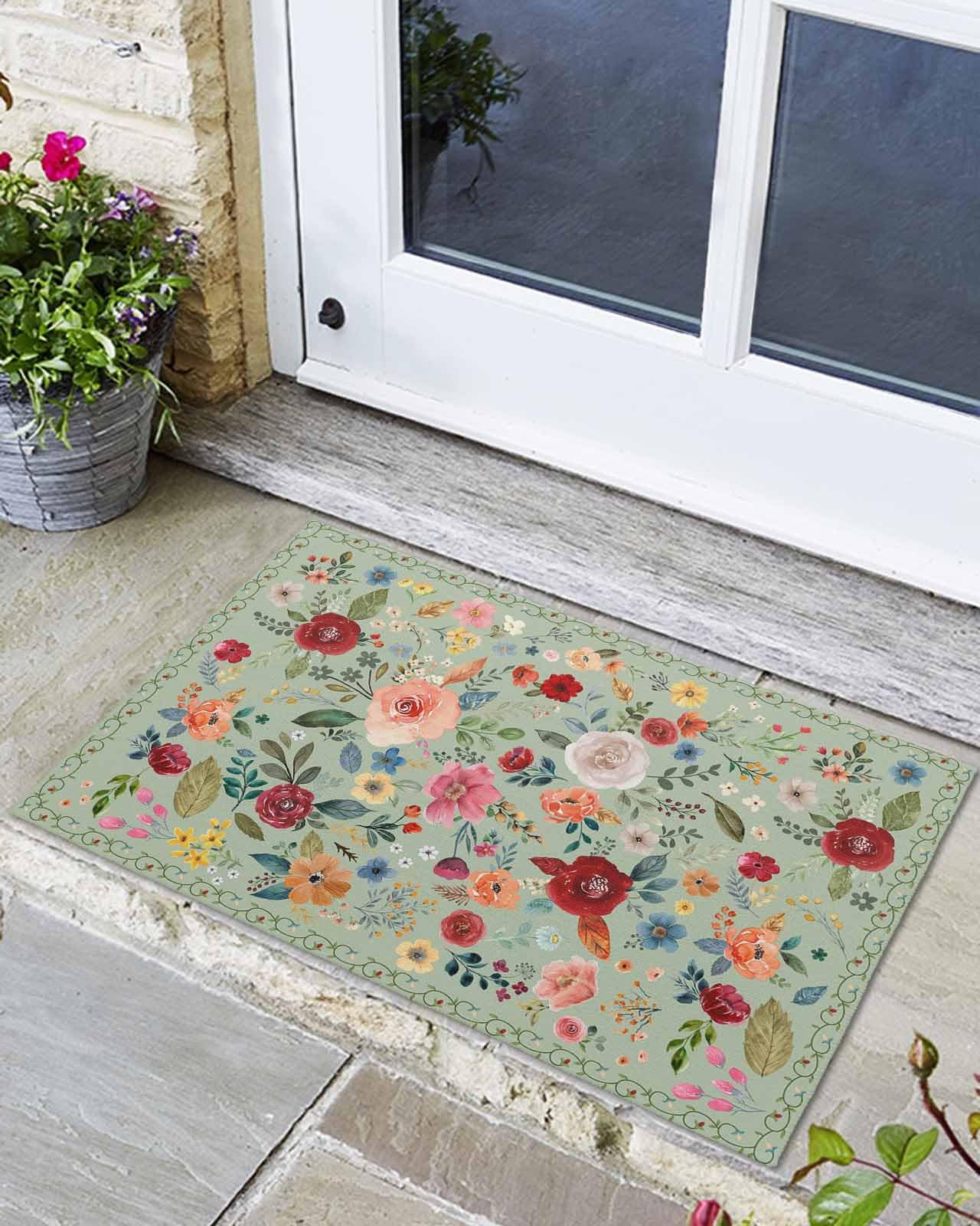 Floral Sage Green Door Mat Non Slip Front Door Mat Indoor Outdoor Doormat Entrance Mat Low Profile Floor Mat Washable Spring Summer Farmhouse Flowers