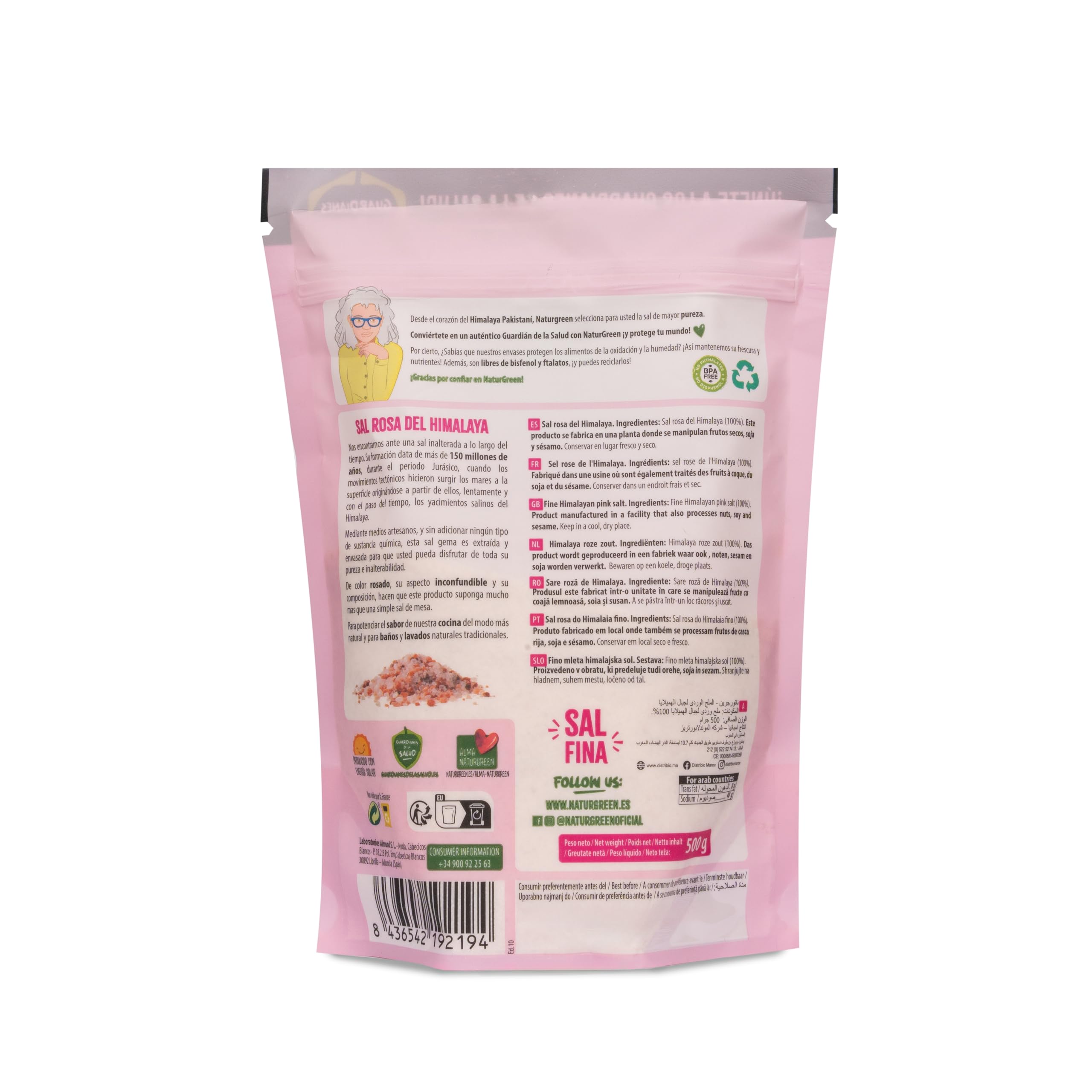 NaturGreen - Sal Rosa del Himalaya Fina Pack 10 x 500 g, Mineral 100% Pura y Natural, Sin Refinar, Sin Aditivos, Envase con Cierre ZIP, Calidad Gourmet, Ideal para Cocina Diaria
