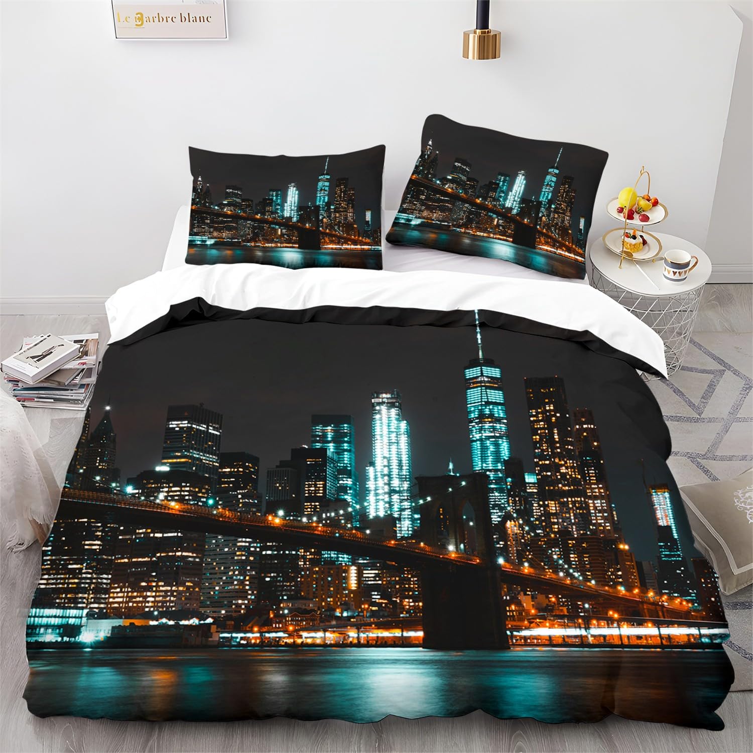 Duvet Cover Bedding Set Double Size, City ​​View Decor Quilt Cover, Microfiber 3D Print Comforter Cover with Zipper, Soft & Cosy Breathable Comforter Covers, Black-2