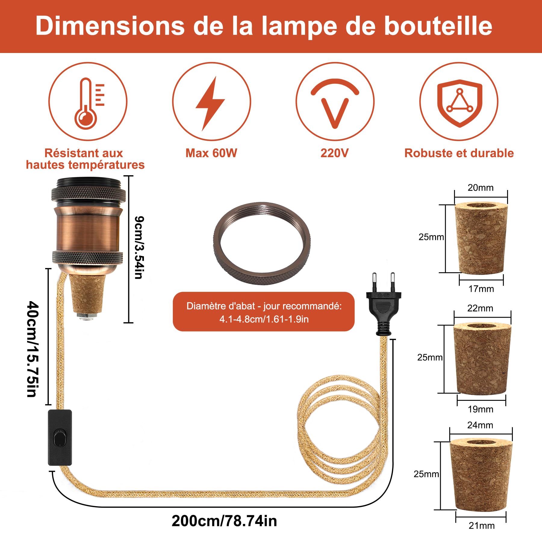 2PCS Kit Lampada Bottiglia, Portalampada E27 con Cavo di Canapa da 240CM, Supporto per Lampada Bottiglia, 3 Tappi Flessibili, Adattatore per Bottiglia per Portalampada, Può Fare da Paralume, Rosso