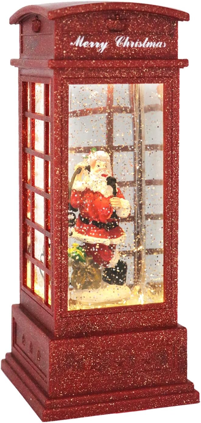 Eldnacele Christmas Snow Globe Lantern Phone Booth, Swirling Water Glittering Battery Operated Festicval Ornament with Timer for Christmas Tabletop Centerpiece Home Decoration(Phone Booth)