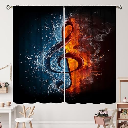 Miniatura 29 de Cortinas de notas musicales, rústicas, mágicas, notas musicales, arte retro, piano y violín, cortina con bolsillo para barra para dormitorio, sala