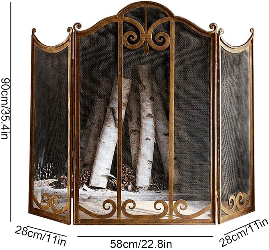 Fireplace Screen Guard, FireplaceProtection Brass-Tone Metal Fireplace Screen， Free StandingGuard Freestanding Fireplace Mesh Screen Curtain， 3 Panel Ornate Wrought
