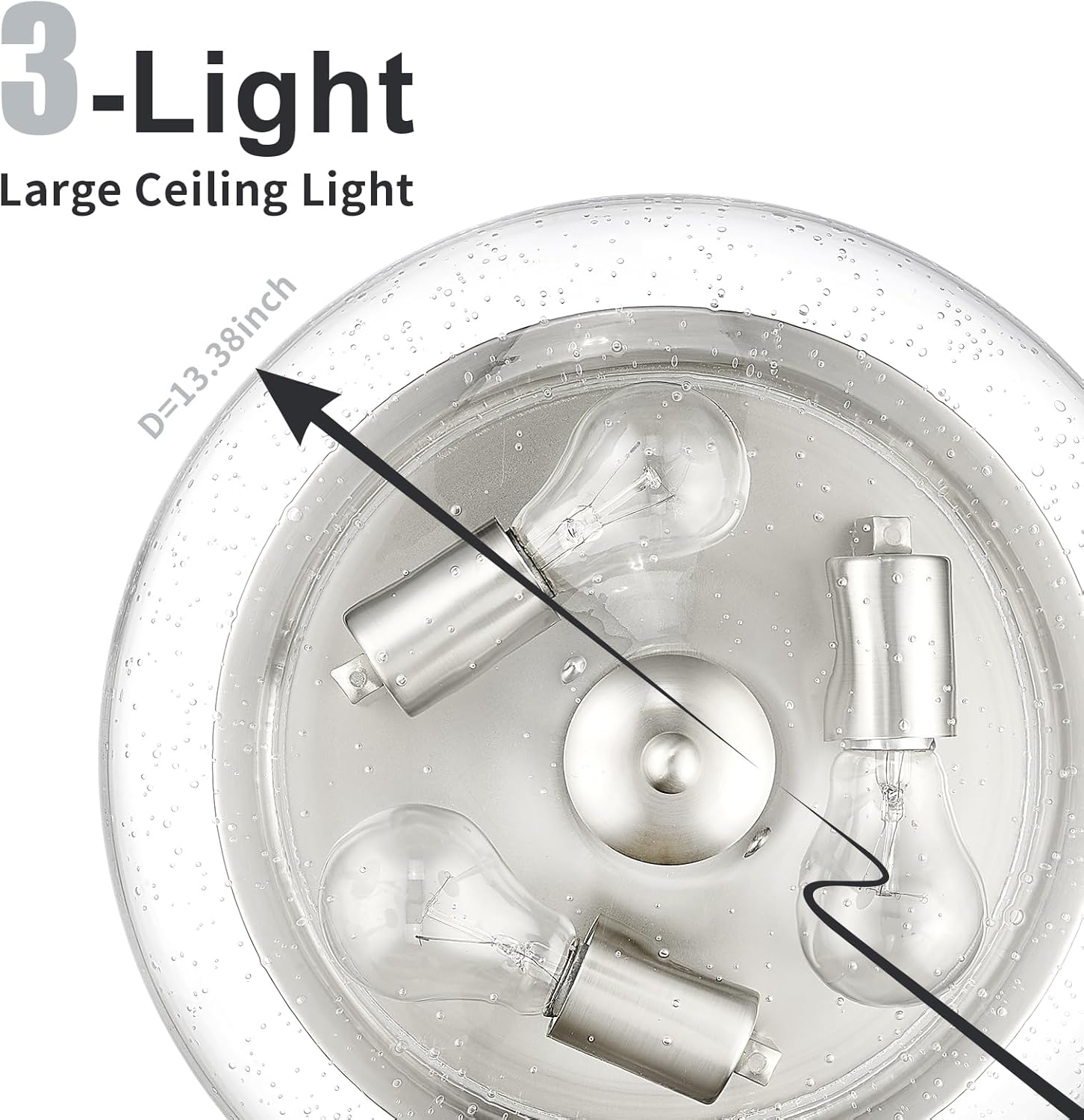 darkaway large ceiling light fixtures 3-ight flush mount indoor outdoor ceiling light with seeded glass shade for hallway kitchen bedroom porch living room dining room nickel finish nickel 13.38inch