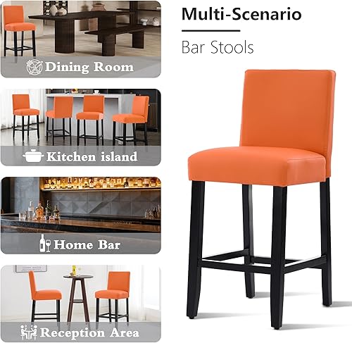 Miniatura 5 de Juego de 3 taburetes de bar de piel sintética de 26 pulgadas, modernas sillas de bar tapizadas con respaldo, taburetes de bar con patas de madera