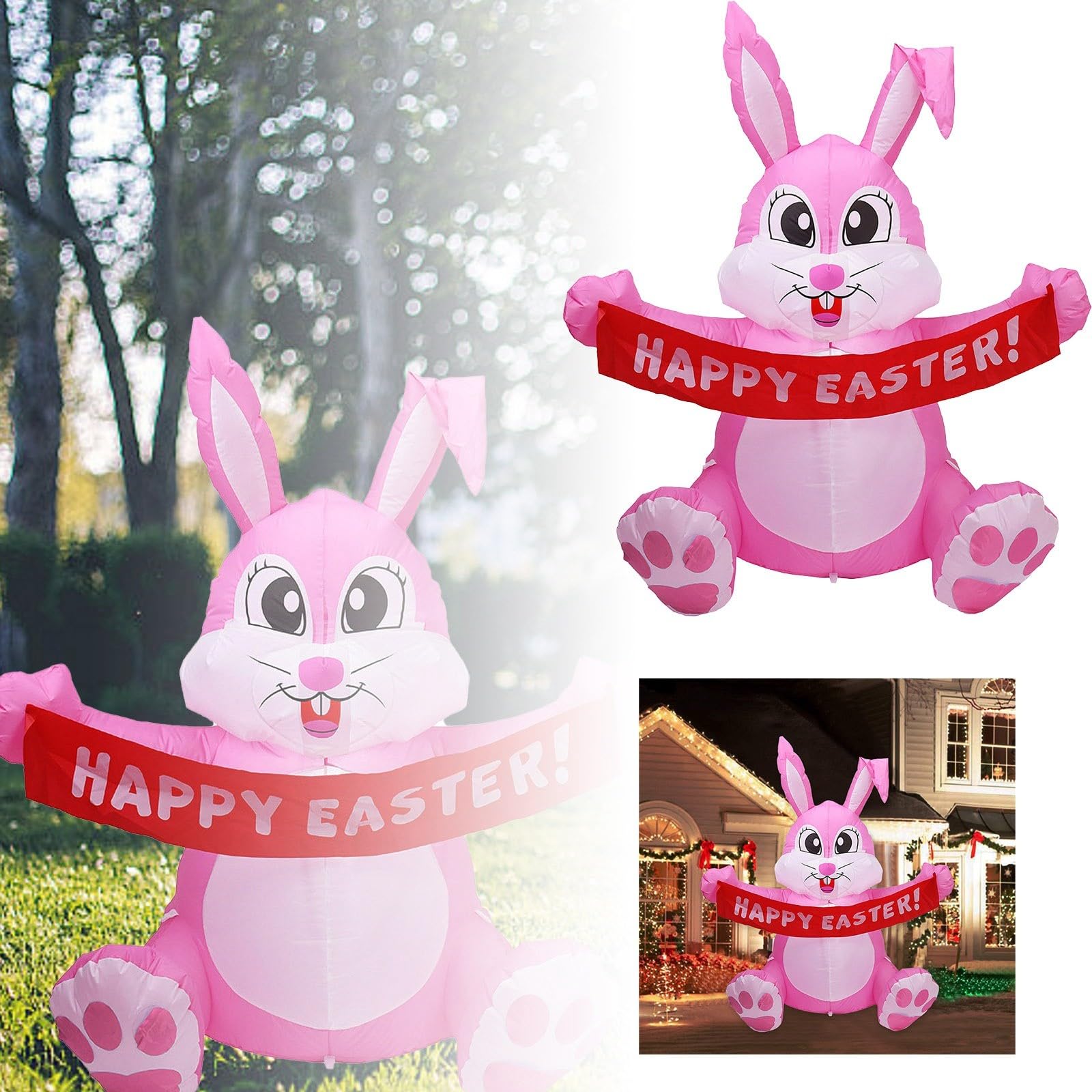 Generisch Niedlicher aufblasbarer Osterhase mit Banner, riesiger rosa Hase für Urlaub, Party, Innen- und Außenbereich, 1,5 m