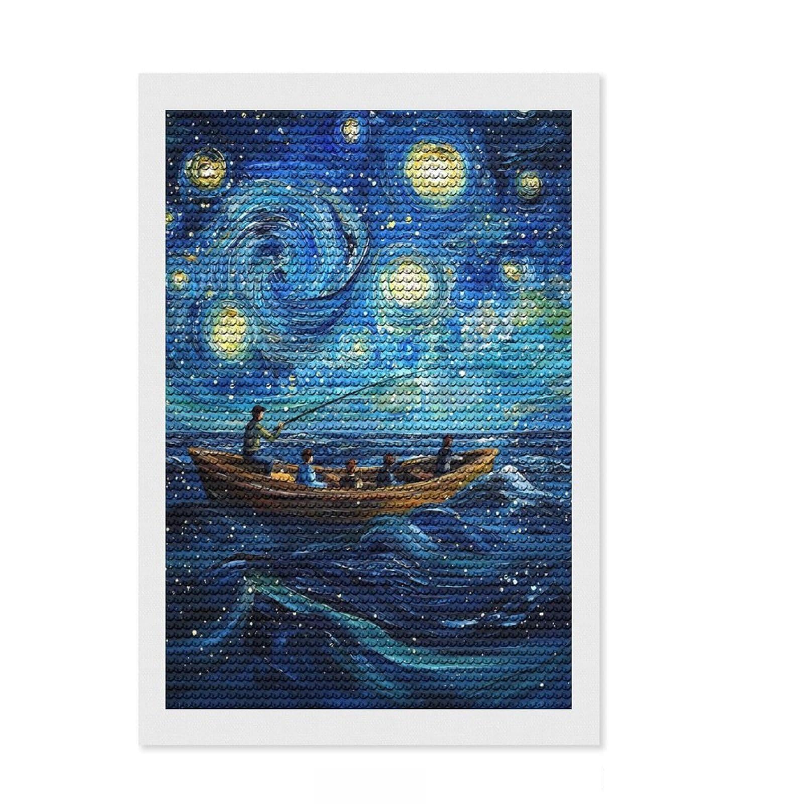 Junmoney Starry Night Fishing Round Drill Diamond Painting 8"x12", for Teens, Relaxing DIY Hobby, Boho Decor, Thoughtful Handmade Gift