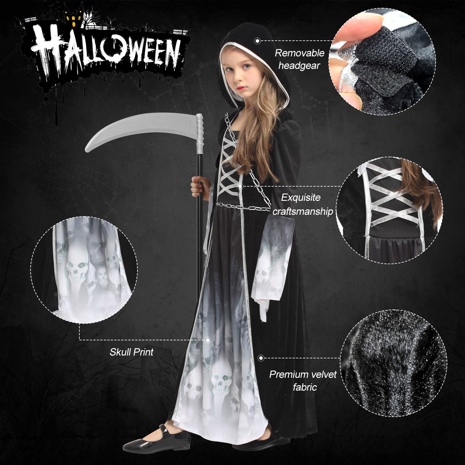 YADODO Grim Reaper Costume Kids Girls 8-10 with Scythe Chain Gloves Stickers Scary Halloween Grim Reaper Outfit Fancy Dress for Girls Ghost Face Skull Scream Zombie Death Costume for Kids Halloween - Image 4
