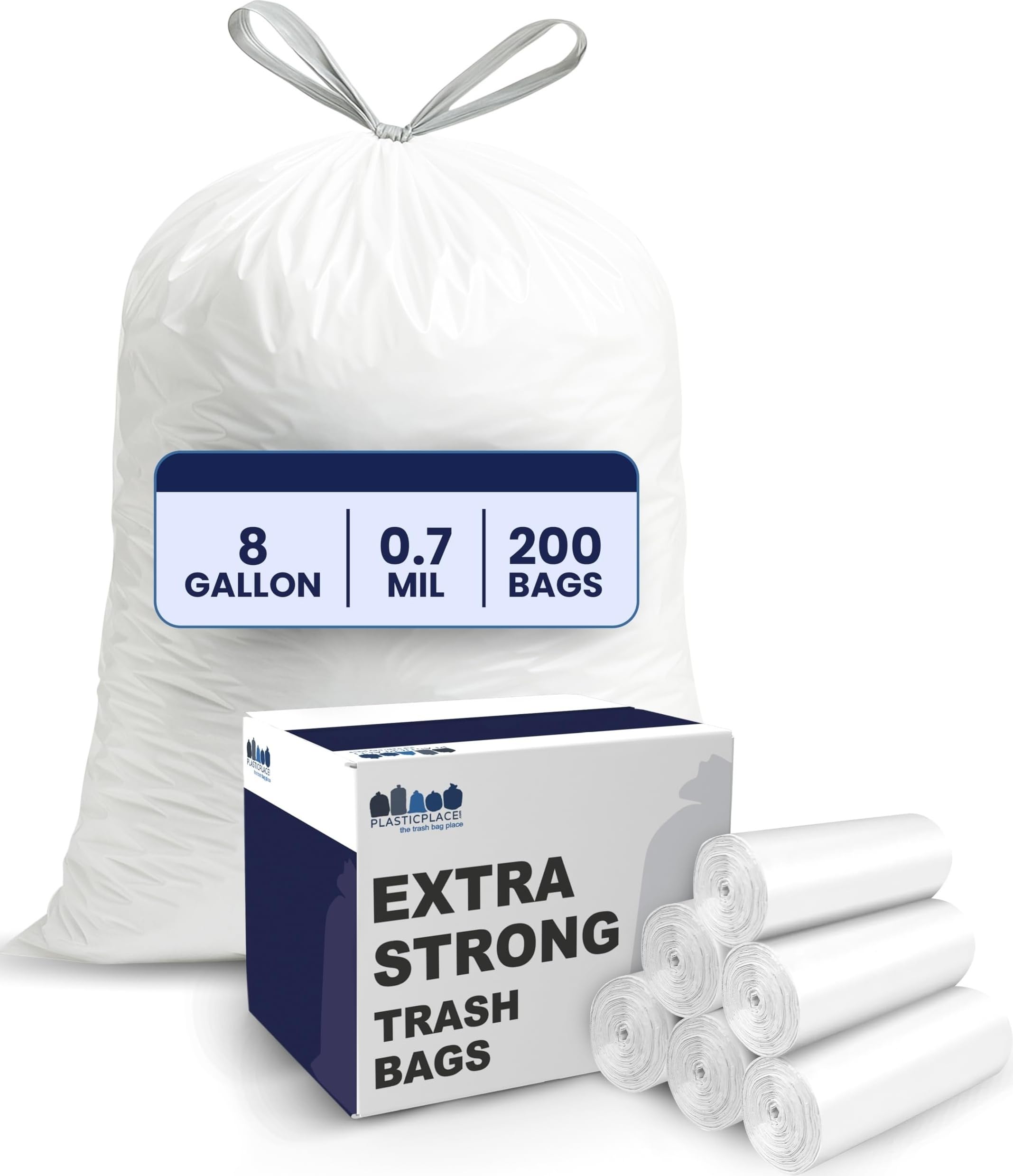 Plasticplace Bolsas blancas con cordón de 8 galones, 100% material de primera calidad, 22 x 22 pulgadas, 0.7 mil, 200/caja, caja diseñada con solapa fácil de abrir para tu comodidad