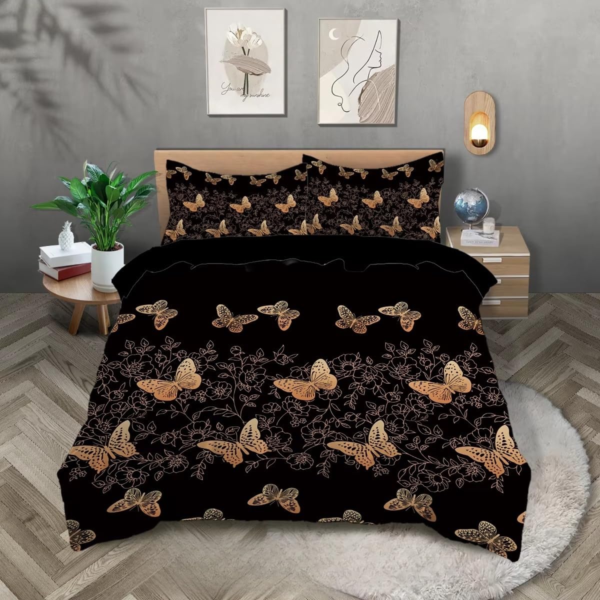 Luxueuse housse de couette 140x200 dorée et noire au motif floral et animalier