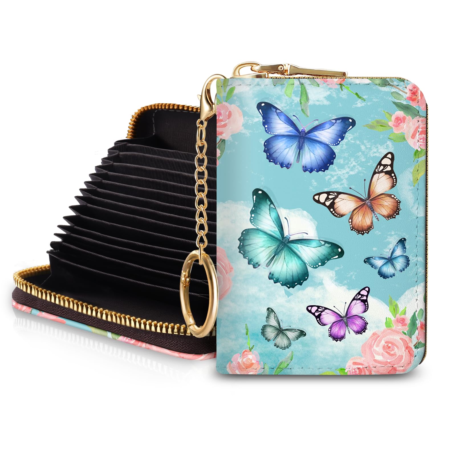 Blusabaca Credit Card Holder for Women, Gothic Floral Small RFID Wallet with Zipper, Card Keychain Wallet, Leather Wallet Card Case, Business Accordion Wallet Gift: Butterfly