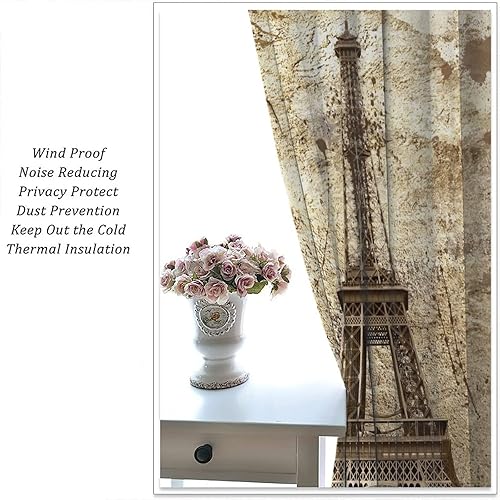 Miniatura 5 de Cortinas de la Torre Eiffel con letras de París y famosos monumentos en la pared desgastada para dormitorio, sala de estar, cortinas decorativas, 2