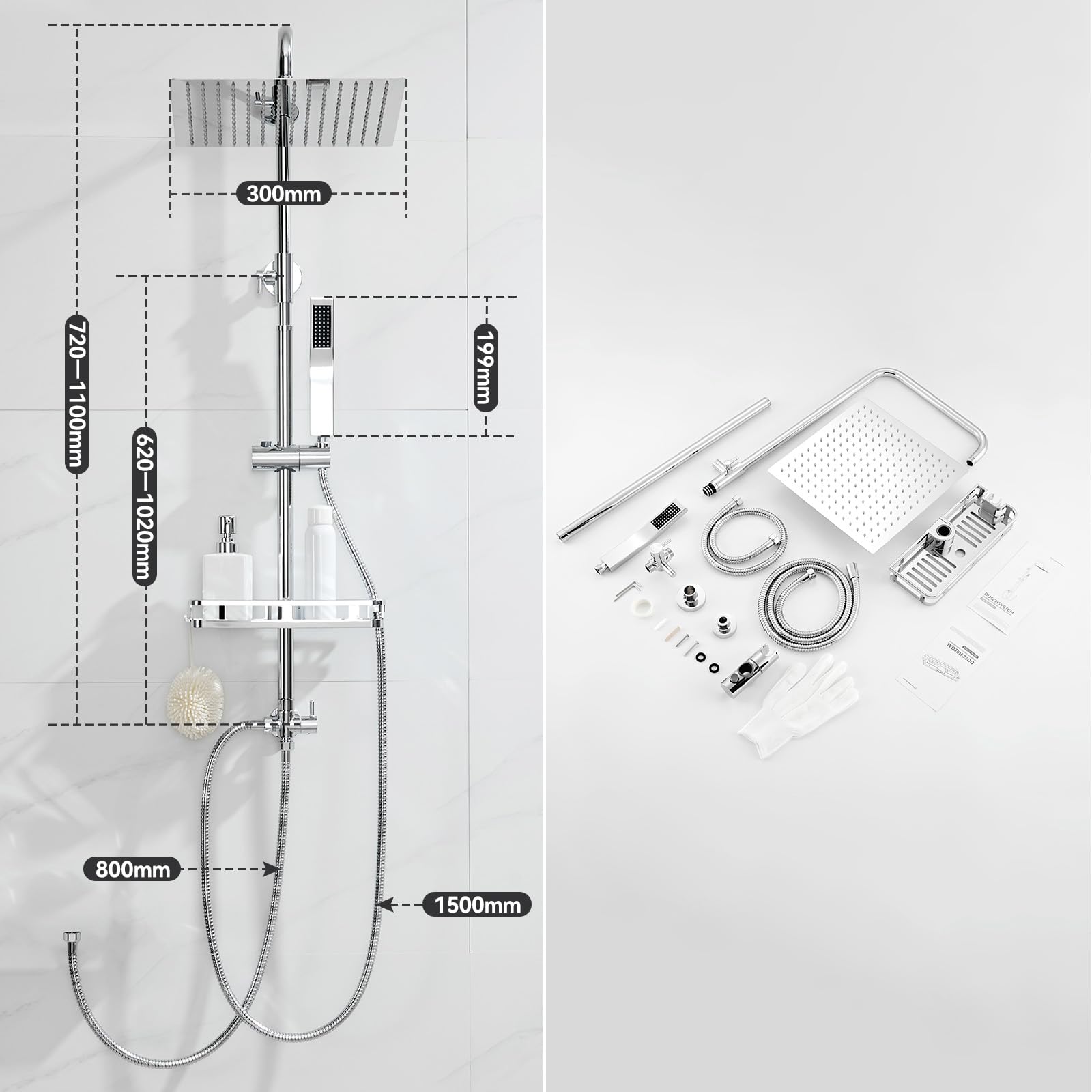 Auralum Columna Ducha Sin Grifo, Rociador de Ducha 30x30cm Acero Inoxidable 304, Alcachofa Ajustable y Estante Sin Taladro, Barra Ducha 62-102cm Compatible Orificios Existentes para Bañera, Cromo