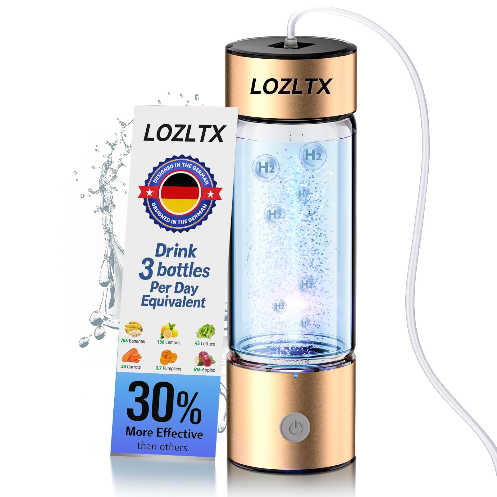5.0 Upgrade Hydrogen Water Bottle UK【 3000PPB】【Double Hydrogen Content】 Improve Water in 3 Min Gold