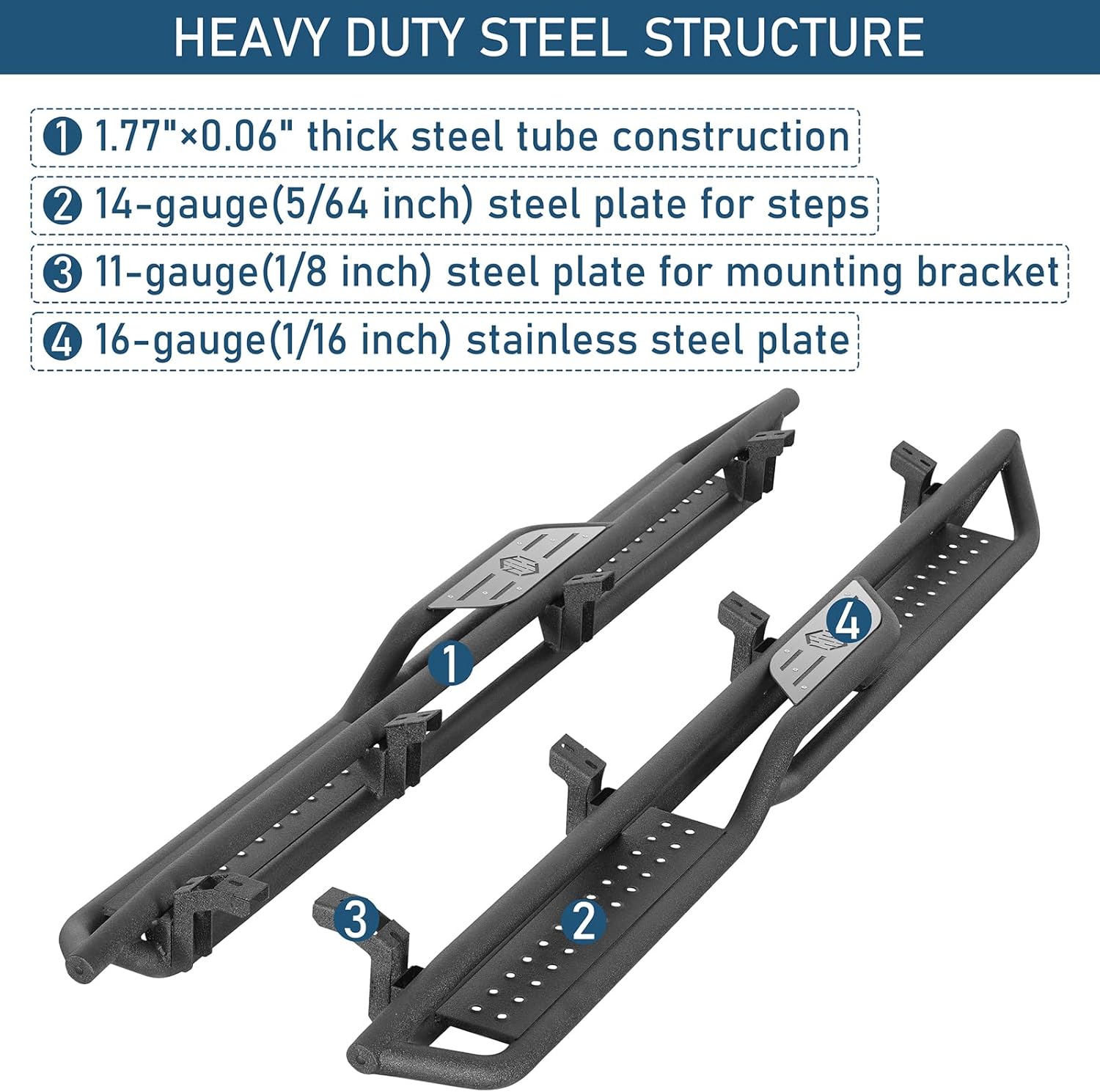 Hooke Road Tundra Running Boards Two-Stair Side Step Nerf Bars for 2007-2021 Toyota Tundra CrewMax (4 Full-Size Doors), 7.3" Wide Non-Slip Step Tubular Rock Sliders