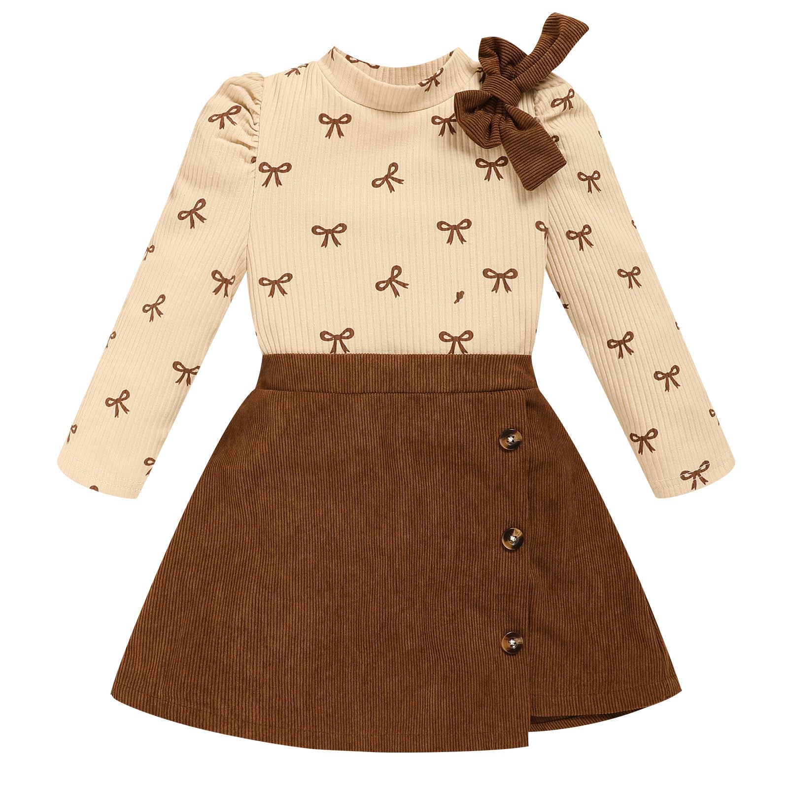 Toddler Girl Plaid Outfits Fall Winter Dress Knit Ribbed Bow Sweatshirt Tops and Button Fashion Skirts Set